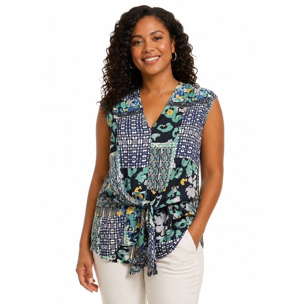 Tribal Jeans Women Lagoon Patchwork Floral V-Neck Front Tie Blouse Small NWT